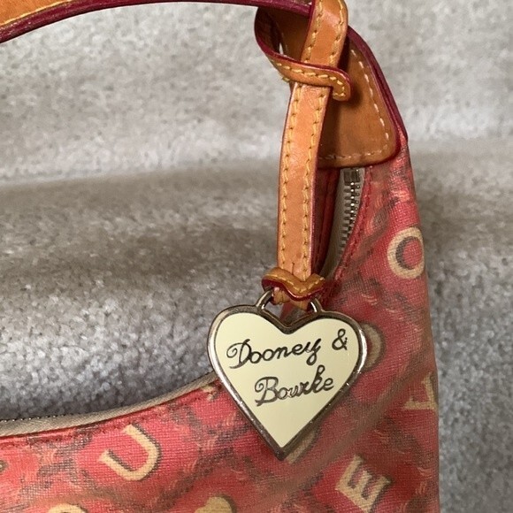 Dooney & Bourke Red Tan Coated Fabric Tan Leather Signature Print Shoulder Bag - Picture 4 of 15